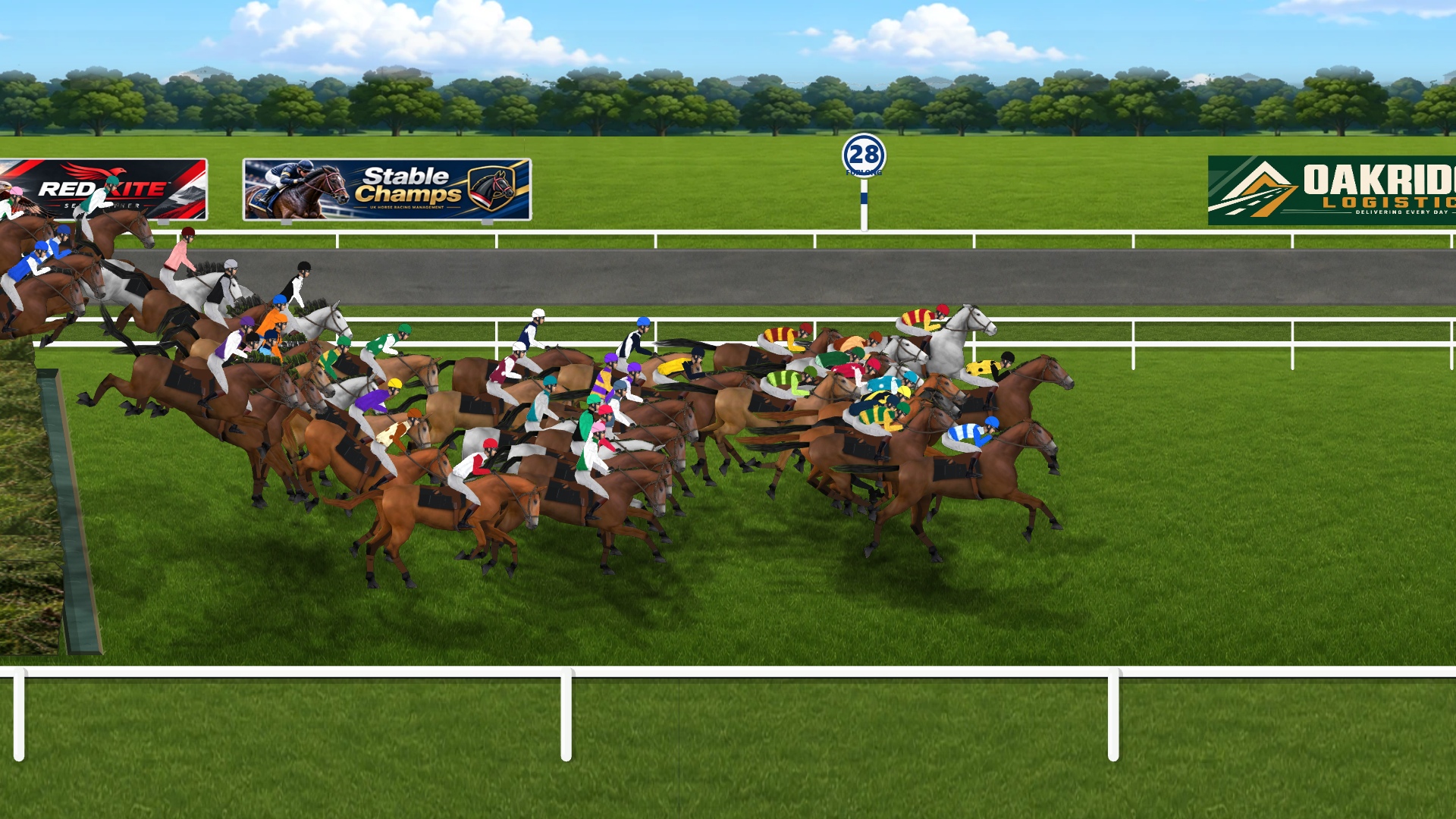 Horses clearing a fence in a jumps race