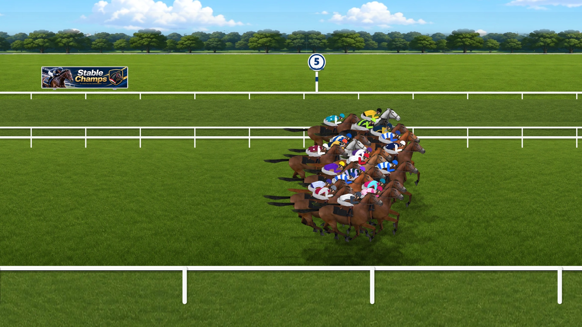 A field of racehorses competing on the turf in Stable Champs